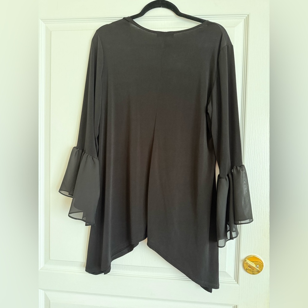 Slinky Brand Elegant Black Asymmetrical Tunic with Chiffon Bell Sleeves size L